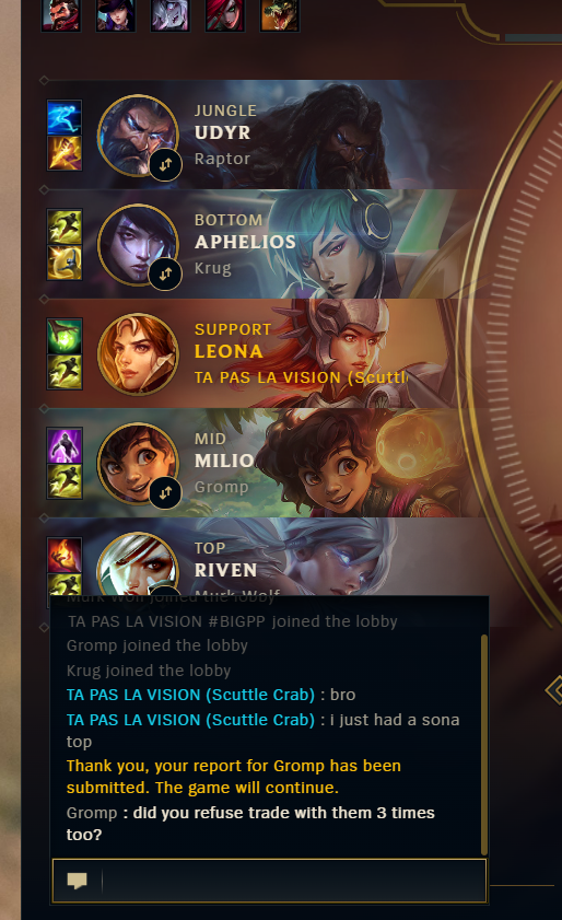 LeFauv's tweet photo. @Crucile @drewlevin crazy that thresh top get u banned but i get a sona top, we report her and lobby doesn't terminate, the very next game i get a milio mid because we didn't give her last pick and the game also didn't get terminated https://t.co/cjwbBDBBss