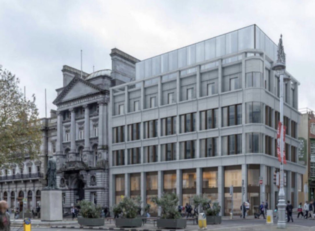 DaraghCassidy's tweet photo. Is this the best we can do with the old Ulster Bank on College Green? I’m more annoyed about this redevelopment than I am about the Stephen’s Green shopping centre. It feels like a wasted opportunity to correct what was previously torn down. &amp; of course there’s a glass stepback🙄 https://t.co/ADKEELLXji