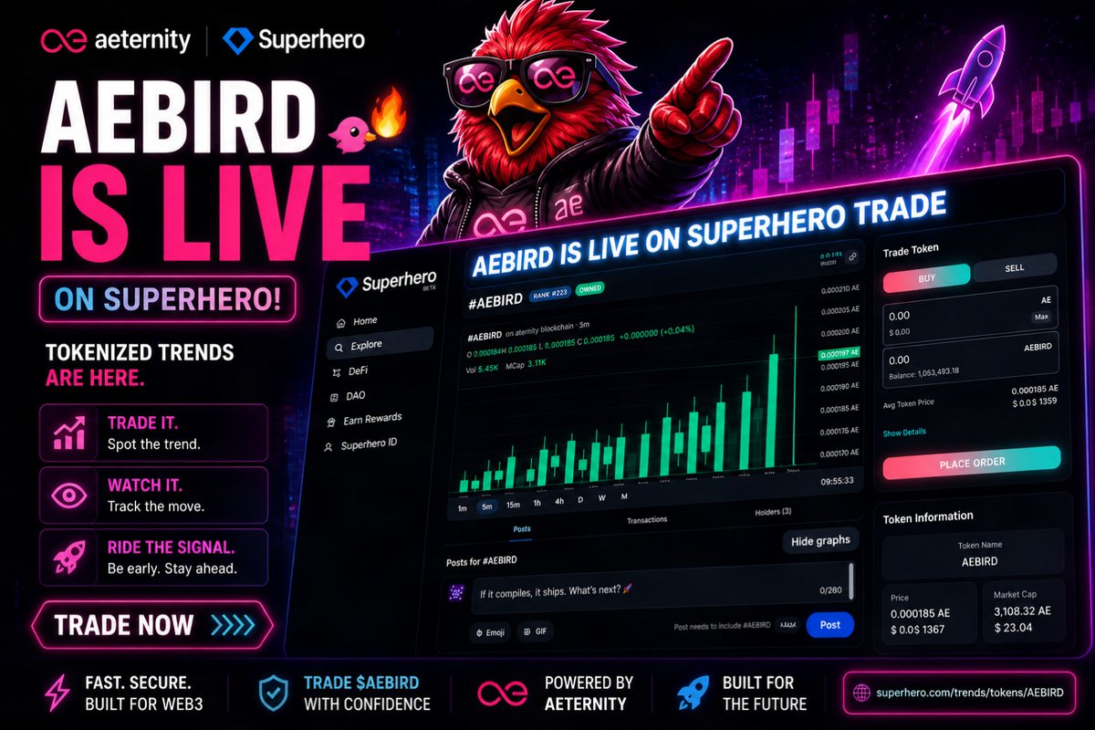 AeternityBird's tweet photo. 🐦🔥 AEBIRD is live on Superhero!  Tokenized trends are here. Trade it. Watch it. Ride the signal. 🚀
https://t.co/MzJ32YuH10
#ae #Aeternity #Superhero #Crypto #Web https://t.co/u7nGprP1FX