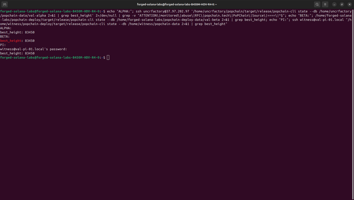 PoPChainNetwork's tweet photo. 3 validators. 3 architectures. 1 tip.

Alpha (VPS x86) · Beta (PC x86) · Pi-01 (Raspberry Pi 5 ARM64)

Block 83450. Identical hash across all nodes.

PoP L1 testnet — live. Built solo. Made in 🇳🇱

Demo @ VDL ETG in 1h.

#Rust #PostQuantum #L1 #ProofOfProcess https://t.co/Py9njFW4mM