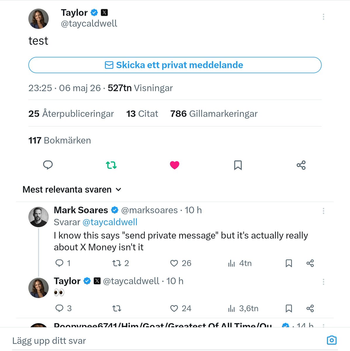 Taylor is a developer who works at X. She posted this "test" message yesterday. Please read the comment. She answers with an 👀 emoji when Mark says that her test post is really about XMoney and not sending private messages. 🤩

We are closer than ever for XMoney to be available