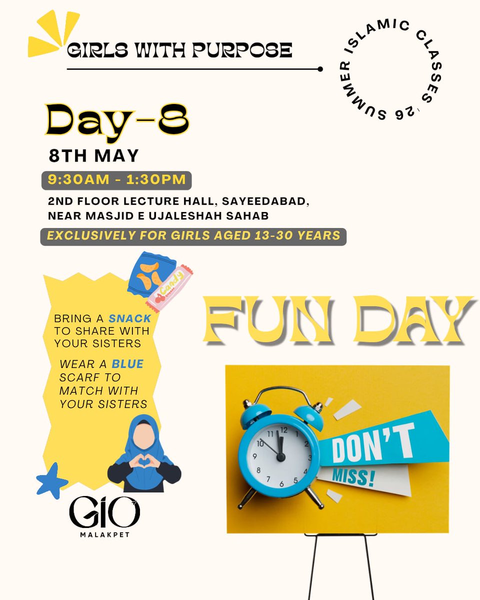 Day 8 = fun, laughter &amp; sisterhood 💙✨
A special day to bond with your sisters, share snacks, make memories, and enjoy beautiful moments together 🌸
🎒 Bring:
• A snack to share 🍟
• A blue scarf 💙
• Your smiles &amp; energy ✨
Don’t miss it! 🤍
#GirlsWithPurpose #FunDay