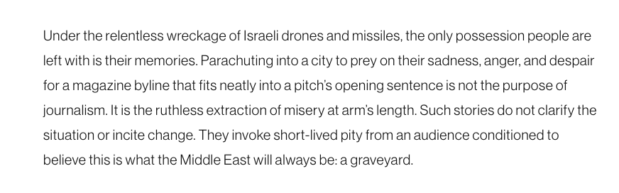 annia's tweet photo. Read this blistering and beautifully written piece by @TracyJwd about the foreign journalists parachuting into Lebanon, even as owners gut traditional media and Israel murders local journalists 

https://t.co/lFYyBSU0iG https://t.co/HywchEL2BZ
