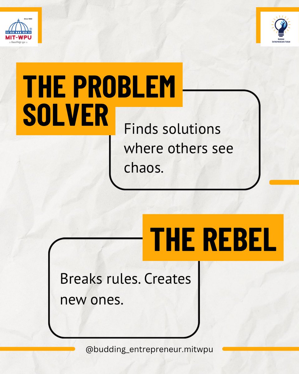 BuddingForumMIT's tweet photo. Every startup has a personality.

The Hustler
The Visionary
The Problem Solver
The Rebel

So… if your startup was a person, who would it be? 

#Buddingentrepreneursforum #schoolofbusiness
#StartupTwitter #Entrepreneur #Founders https://t.co/4xsIHlQIjC