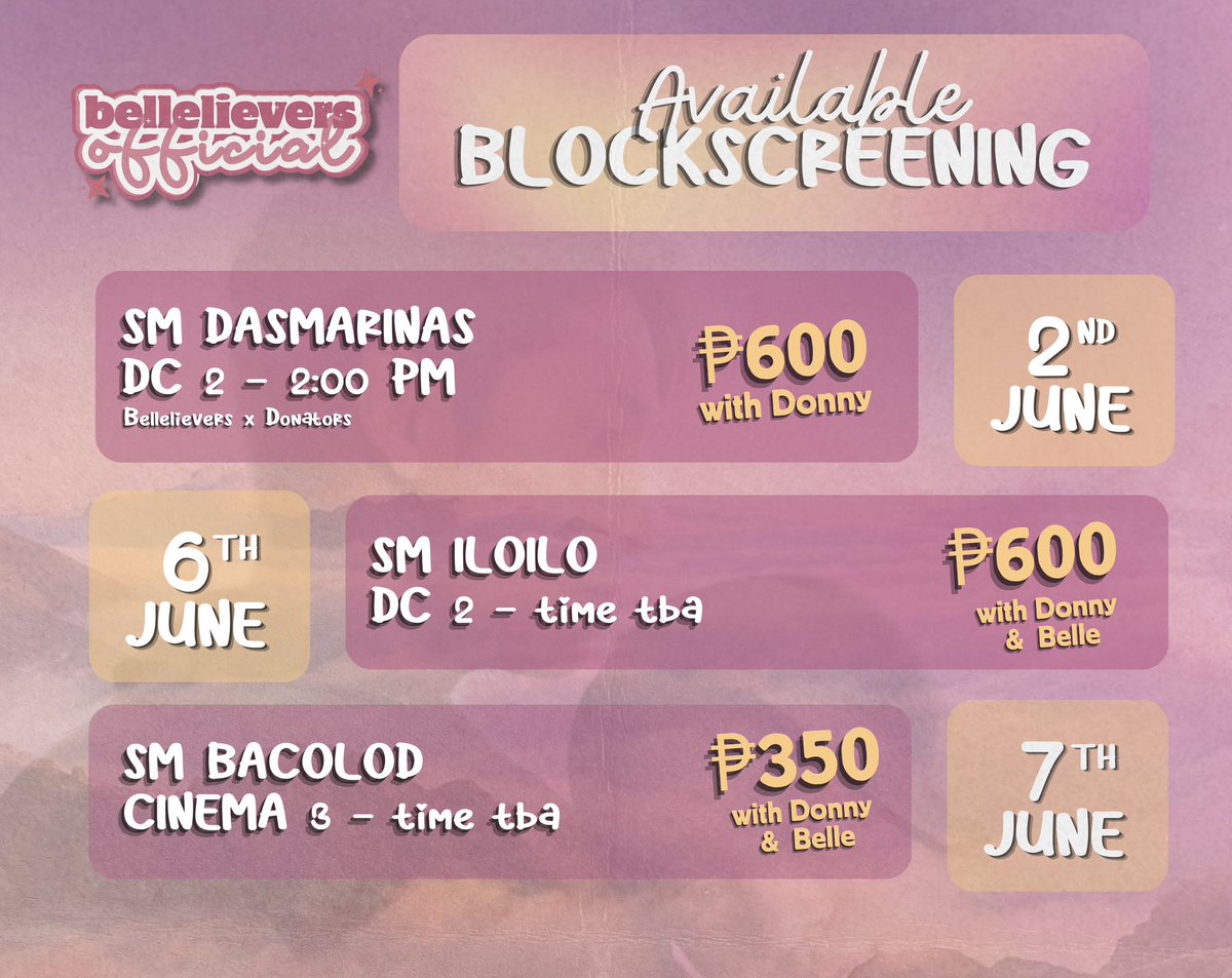 Due to public demand, we are opening another cinema for our SM Dasmariñas and SM Iloilo screenings ✨

June 2 | SM DASMARIÑAS [₱600]
DC 2
💌 forms.gle/kgicQSeKqGndHT…

June 6 | SM ILOILO [₱600]
DC 2
💌 forms.gle/Lz7XABz458Arqz…

June 7 | SM City Bacolod [₱350]
Cinema 3
💌