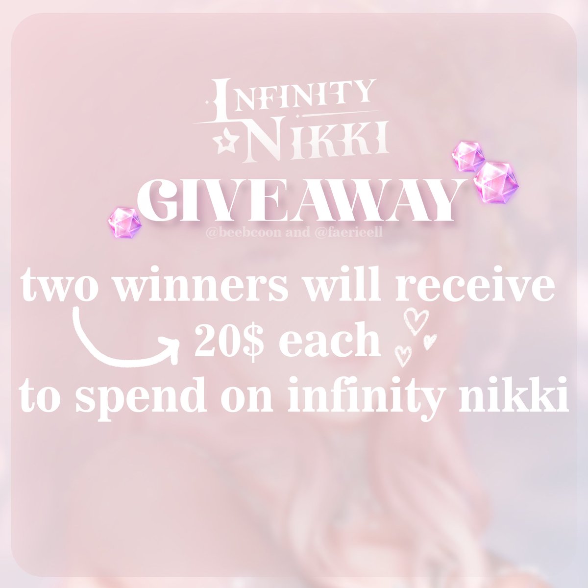 🌸 infinity nikki giveaway 🌸

♡ two winners will receive 20$ each to spend on infinity nikki

rules: 
⤷ retweet and like this post
⤷ must be following me and <a href="/faerieell/">faeriel ♡</a> 

ENDS ON 10/05/2026

prizes will be given via paypal 

good luck to everyone!