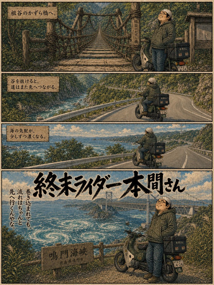 moaiuni's tweet photo. #100日後にバイクを降りる本間さん
終末ライダー本間さん
12日　鳴門橋 https://t.co/SFW58akFmz