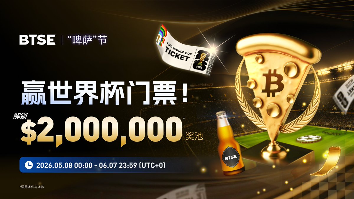 BTSEChinese's tweet photo. 🍕⚽🍺 #BTSE「啤萨」周周庆来了，立即瓜分 $2,000,000 奖池，赢「2026 世界杯门票」！🏆

📅 活动时间：5/8 00:00 - 6/7 23:59（UTC+0）
🔥 如何参与？
✅ 每日登录签到
✅ 完成活动任务
✅ 赢取“啤萨”积分
✅ 加入周周庆赚更多！

💎 积分可兑换真U、“啤萨”礼包及「世界杯门票」！
🍻 连续4周，周周上新，奖励持续加码，周周有惊喜！ 
⚡️立即加入：https://t.co/Cx6mxhGxYl

#BTSEPizzaDay2026 #BitcoinPizzaDay #PizzaDay #WorldCup2026 #Crypto