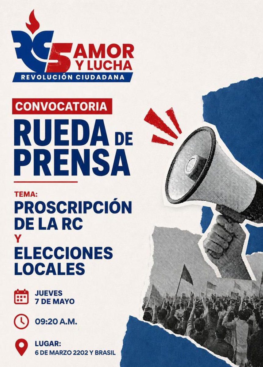 🛑🇪🇨🇪🇨  RUEDA DE PRENSA
Invitamos a todos los medios de comunicación a una Rueda de Prensa de la <a href="/RC5Oficial/">Revolución Ciudadana</a> Guayas.

✅Tema: Proscripción de la RC y las elecciones locales.
⏰Hora: 09:20
📍Lugar: Guayaquil, calles 6 de marzo 2202 y Brasil. 

¡Los esperamos! ✊