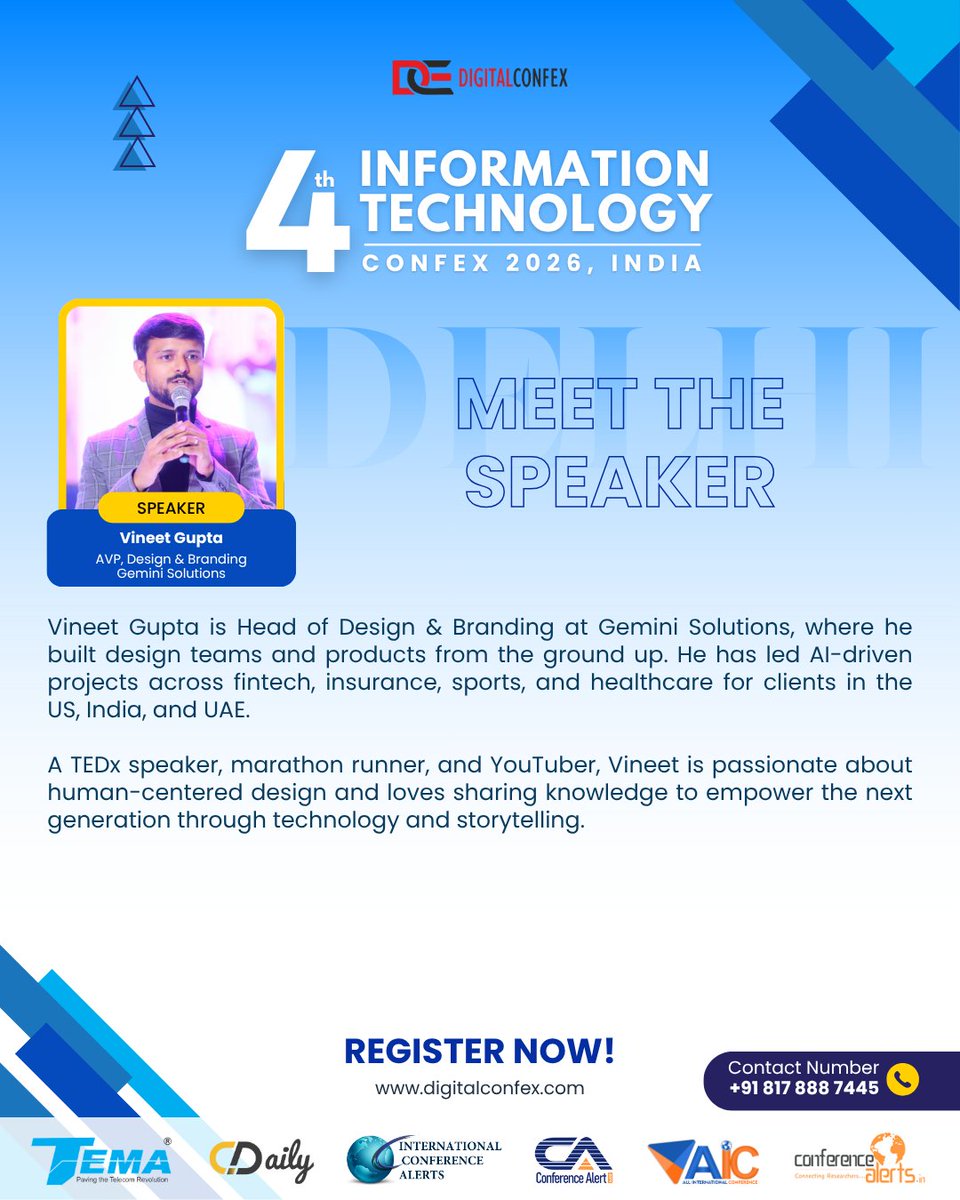 digitalconfex's tweet photo. We’re pleased to welcome Vineet Gupta, AVP, Design &amp; Branding at Gemini Solutions, as a Distinguished Speaker at the 4th #IT #Conference 2026 🎙️

🎯 From Generative AI to Decision Intelligence

👉 https://t.co/5e7iZKnfHC

#ITConfex #ITConference #DIGITALCONFEX https://t.co/xFkveP0j6B