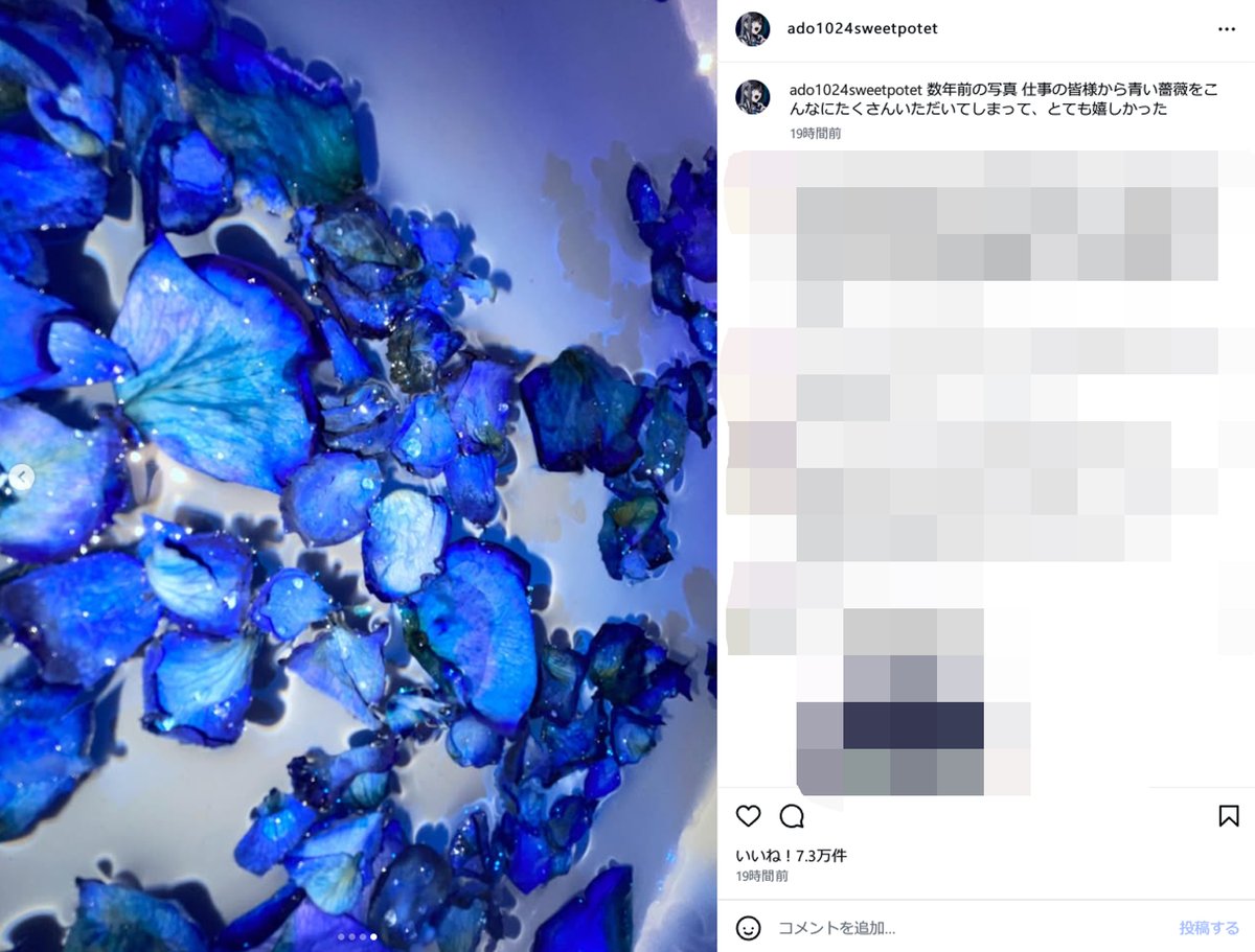Adoさんのインスタに青いバラ画像アップされてますが最後の画像はバラ