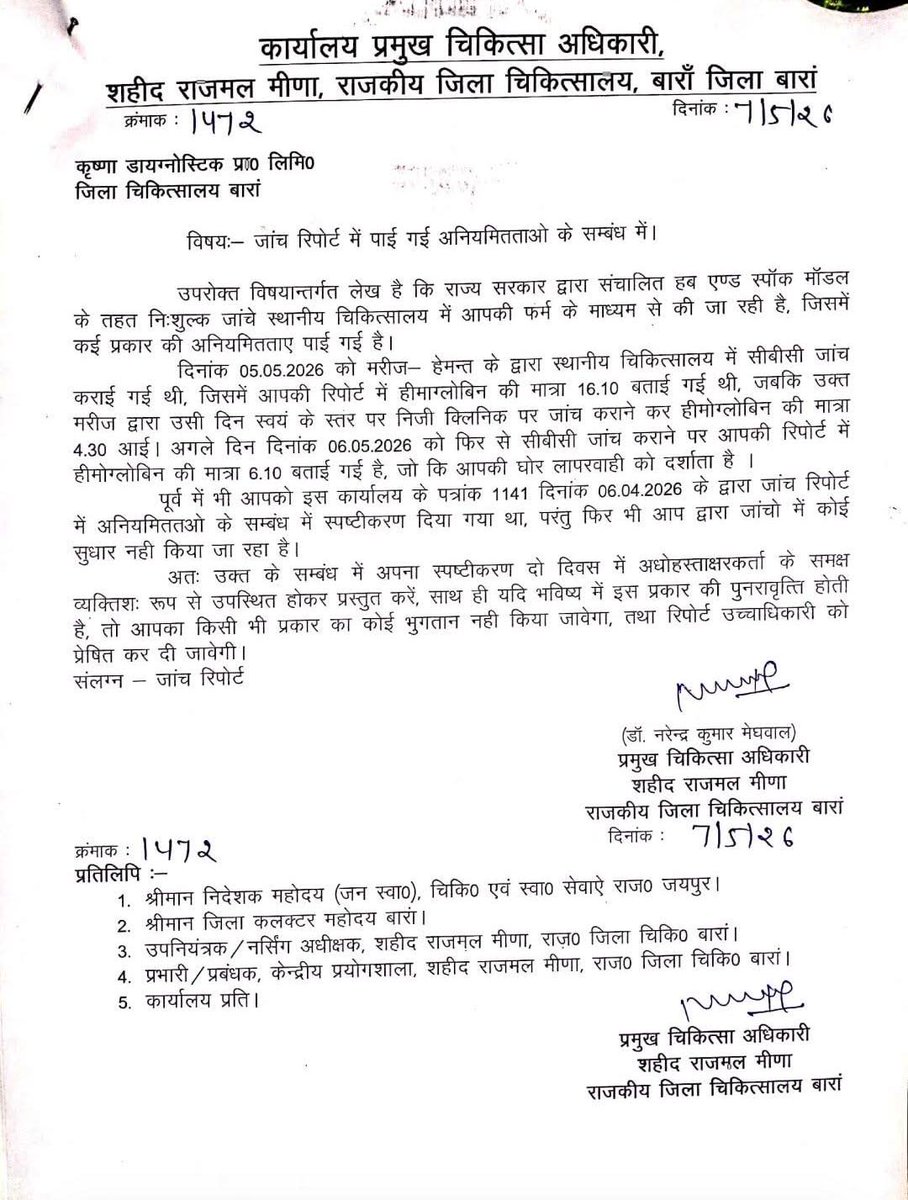 devendrago74049's tweet photo. @Pratibh11943721 @RajCMO @BhajanlalBjp @KumariDiya @DrPremBairwa @GajendraKhimsar @PMOIndia @narendramodi @RajGovOfficial @BJP4Rajasthan @DIPRRajasthan हब
स्पोक मॉडल 
मुख्यमंत्री निःशुल्क जांच योजना MNJY जांचों का निजीकरण 
कृष्णा लैब कंपनी लिमिटेड द्वारा पूरे राजस्थान में जांचों की गड़बड़ियां लगातार मीडिया कवरेज में है 
शर्तों का उल्लंघन किया जा रहा है https://t.co/k2rd5gBW5g