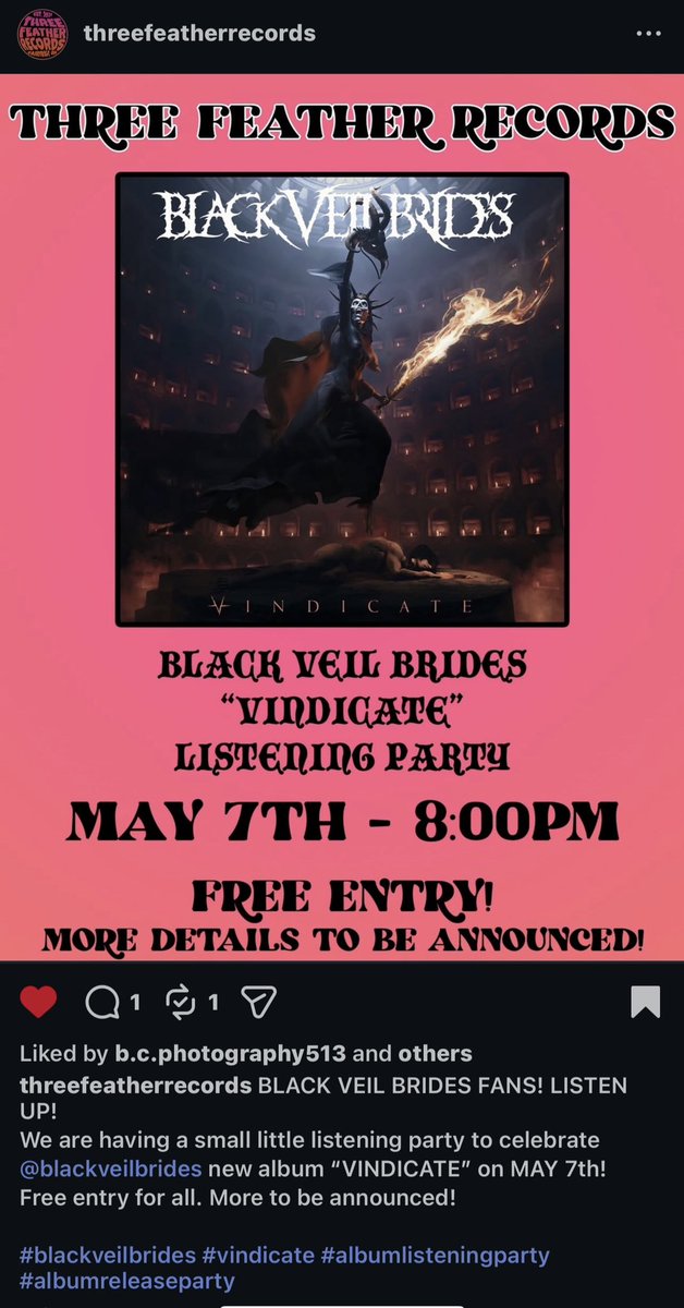 GhostWhoHaunts's tweet photo. Tonight! Black Veil Brides Vindicate listening parties at record stores all over the USA. Participating stores listed in second photo. I plan to attend the one in Fairfield OH at Three Feather Records. https://t.co/nmRkQ8LP55