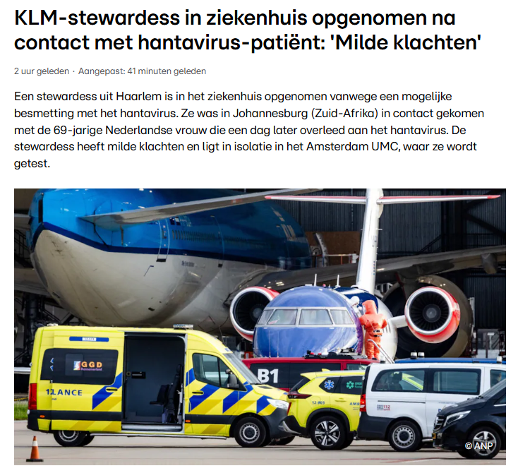 🦠Breaking ! พนักงานต้อนรับบนเครื่องบินจากเมือง Haarlem ประเทศเนเธอร์แลนด์ ถูกนำตัวส่งโรงพยาบาล เนื่องจากคาดว่าติดเชื้อ "ไวรัสฮันตา" 

🔴โดยเธอได้สัมผัสใกล้ชิดกับหญิงชาวดัตช์วัย 69 ปี ที่เสียชีวิตจากไวรัสฮันตาก่อนหน้านี้