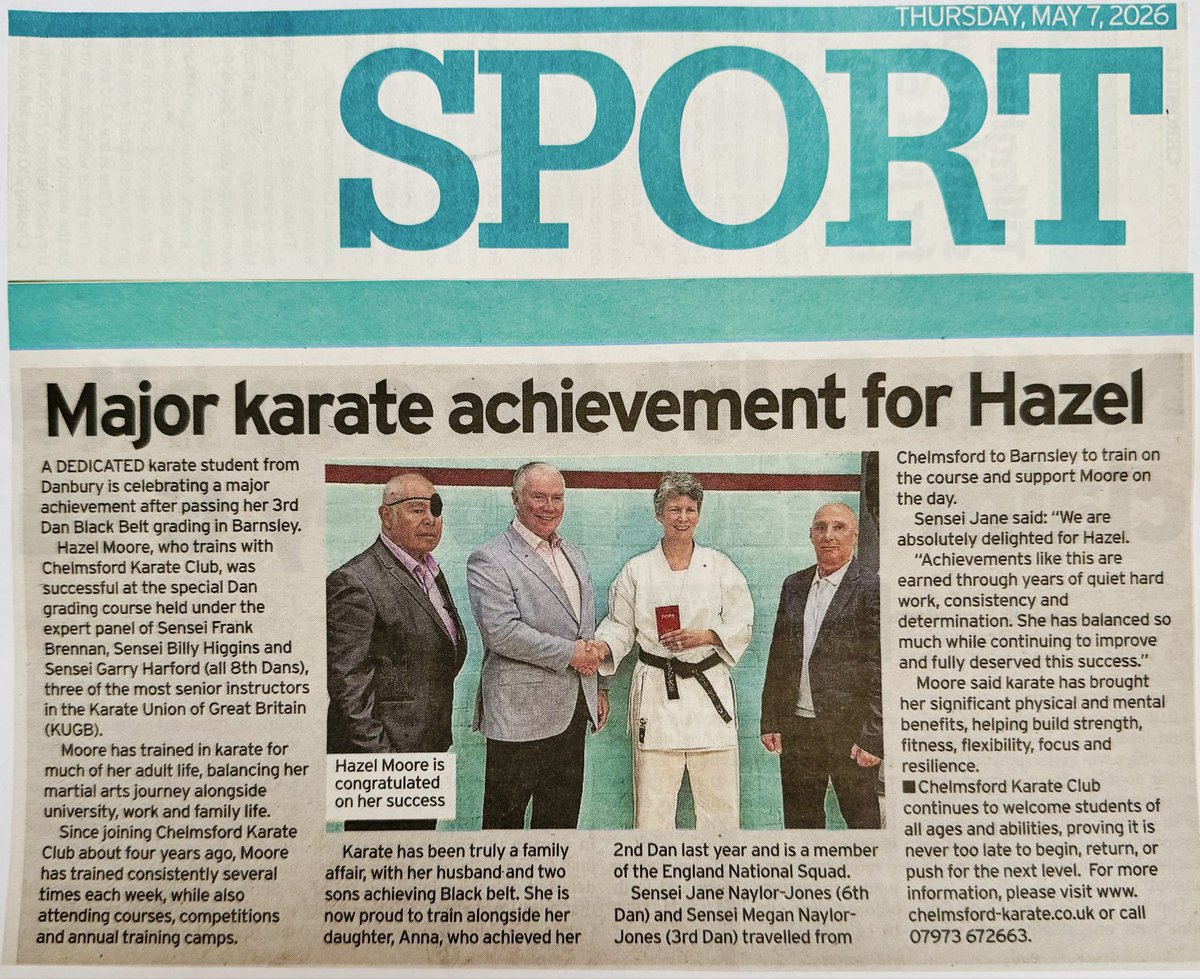 Chelms_Karate's tweet photo. GREAT NEWS we kick off May with @essexchronicle reporting on @hazel_moore passing 3rd Dan Blackbelt with @TheKUGB.  An amazing result well done! @ActiveEssex @mariecgoldman @ChelmsCouncil @BBCEssexSport @CCHS4GPE @Womeninsport_uk @ThisGirlCanUK @ShotoTigers https://t.co/DRK78lCf2j