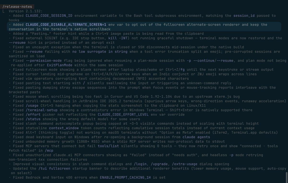 opwizardx's tweet photo. If you can't tell if it's Claude Code glitching or you today - it's not you 😉

New alternate screen mode from latest release breaks history scroll. Here is the quick fix:

`yq -i -o=json '.env.CLAUDE_CODE_DISABLE_ALTERNATE_SCREEN = "1"' ~/.claude/settings.json`

Brings the interface back to normal.