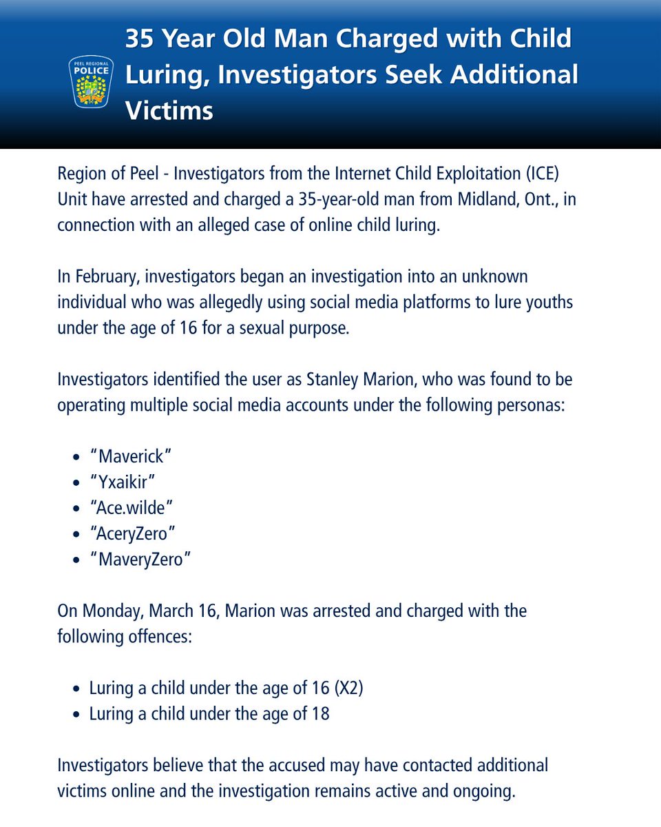 35 Year Old Man Charged with Child Luring, Investigators Seek Additional Victims

Read More: peelpolice.ca/news-feed/post…