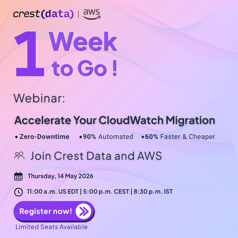 crestdata_ai's tweet photo. 1 week to go! 
Join Crest Data &amp; @awscloud for a webinar on fast, automated Amazon CloudWatch migrations. 

Learn how to simplify observability, cut tool sprawl, and optimize costs. 

Limited seats, register now: https://t.co/EzFt39WN5Y

#AWS #CloudWatch #CloudOps #TechWebinar https://t.co/qaOtLKFUqC
