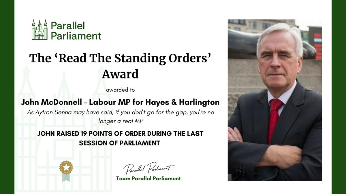 ParallelParl's tweet photo. Congratulations to @johnmcdonnellMP for winning the ‘Read the Standing Orders!’ award, for raising the most Points of Order of any MP.
#ppawards #councilelections #localelections https://t.co/Zrnt4Qy8ce