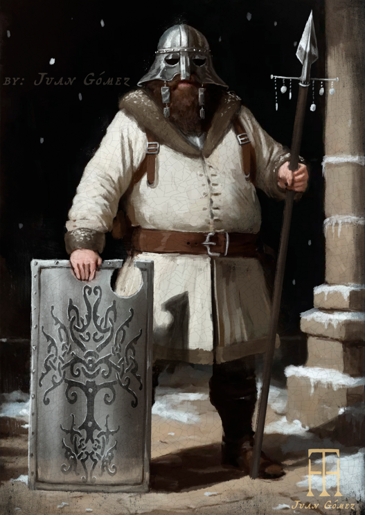Braving the first snowfall, this dwarf guard stands watch outside the mountain hold.  Helmet gleaming, coat wrapped tight, spear and shield ready nothing gets past him. The mine's entrance is just behind the frost.

Home is worth the cold 🛡️❄️