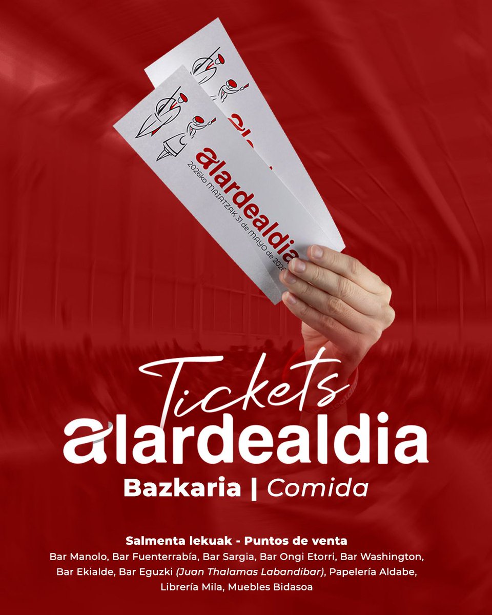 IrungoAlardea's tweet photo. 🍽 Jada salgai daude Alardealdiako bazkariko tiketak! Prezioa mantentzen da (35€ helduak / 20€ gazteak)
¡Ya están a la venta los tickets de la comida de Alardealdia! Se mantiene el precio (35€ adultos / 20€ jóvenes)

#IrungoAlardea 🔴⚫️⚪️
#HerriarenNahia https://t.co/Zg0R9gcT9Z
