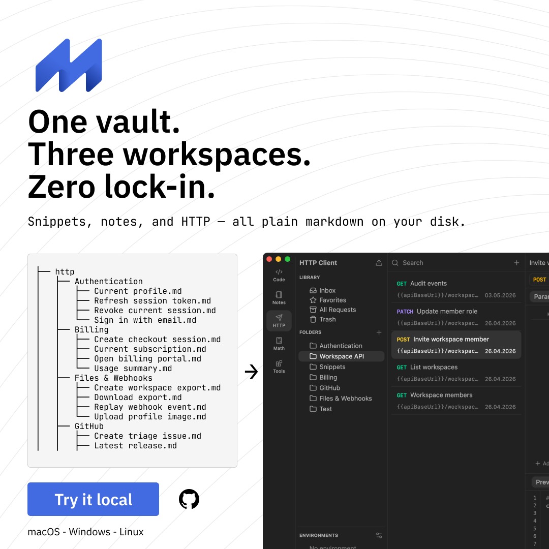anton_reshetov's tweet photo. massCode is a Swiss Army knife for devs:

- Snippet manager, 160+ languages
- HTTP client built in
- Markdown notes with graph view &amp; mind maps
- Math Notebook with currency/crypto

All in one window. Local-first. Open source.
