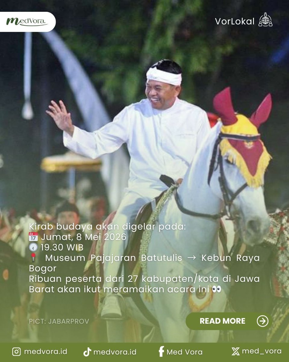 Med_Vora's tweet photo. Kirab Budaya Milangkala Tatar Sunda akan digelar pada Jumat, 8 Mei 2026 malam dan dimeriahkan oleh berbagai penampilan budaya Sunda, mulai dari kampung adat, kesenian daerah, ratusan penari, pasukan berkuda, hingga kereta kencana 👀

source: metrobogor

#MedVora #KirabBudaya https://t.co/FDJSZPH7Um