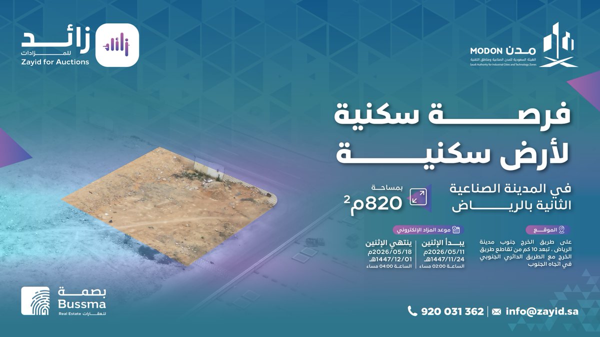 Zayid_SA's tweet photo. تطرح منصة #زائد_للمزادات تحت تنفيذ شركة بصمةلإدارة العقارات وبإشراف الهيئة السعودية للمدن الصناعية ومناطق التقنية #مدن عن طرح فرصة بالمزاد العلني لأرض سكنية بمساحة  820م² عبر منصة #زائد_للمزادات . 
#المدينة_الصناعية_الثانية_بالرياض| #بصمة
@modon_ksa | @gobussma