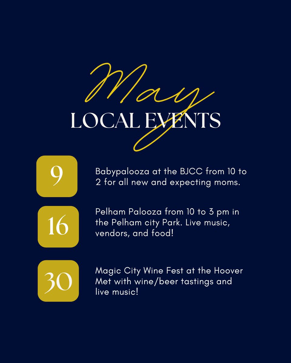 MrBrandonESmith's tweet photo. May in Birmingham is packed with a little something for everyone! From Babypalooza to a laid-back day at Pelham City Park with live music, food, and vendors. And wrap up the month at the Magic City Wine Fest at the Hoover Met.

Save this, share it, and make some plans. https://t.co/bgKgLKAXNZ