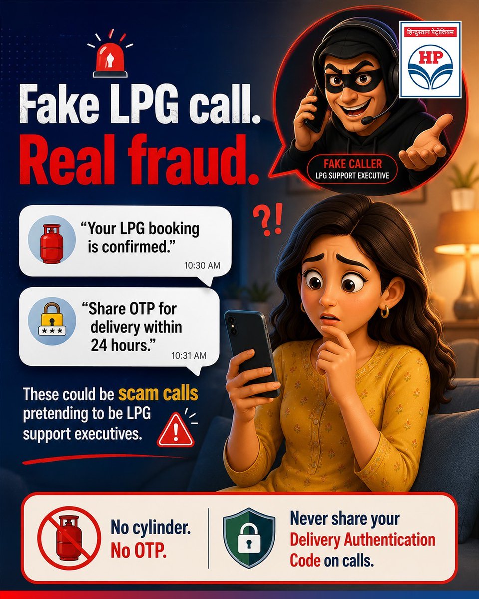 HPCL's tweet photo. Scammers are getting smarter and LPG delivery frauds are on the rise.

Fake callers posing as LPG support executives may ask you to share your Delivery Authentication Code under the pretext of booking confirmation, KYC updates, or faster cylinder delivery. One OTP shared carelessly can lead to fake delivery confirmation and even financial fraud.

Remember:
🚫 HPCL will NEVER ask for your OTP on calls.
🚫 Never share your Delivery Authentication Code before the cylinder reaches your doorstep.
✅ No cylinder. No OTP.

Stay alert. Verify every call. A moment of caution can protect your connection, your account, and your money.

@HardeepSPuri @PetroleumMin @TheSureshGopi @Secretary_MoPNG @neerajmittalias

#HPCL #LPGSafety #StayAlert #CyberFraudAwareness #SafeLPGUs