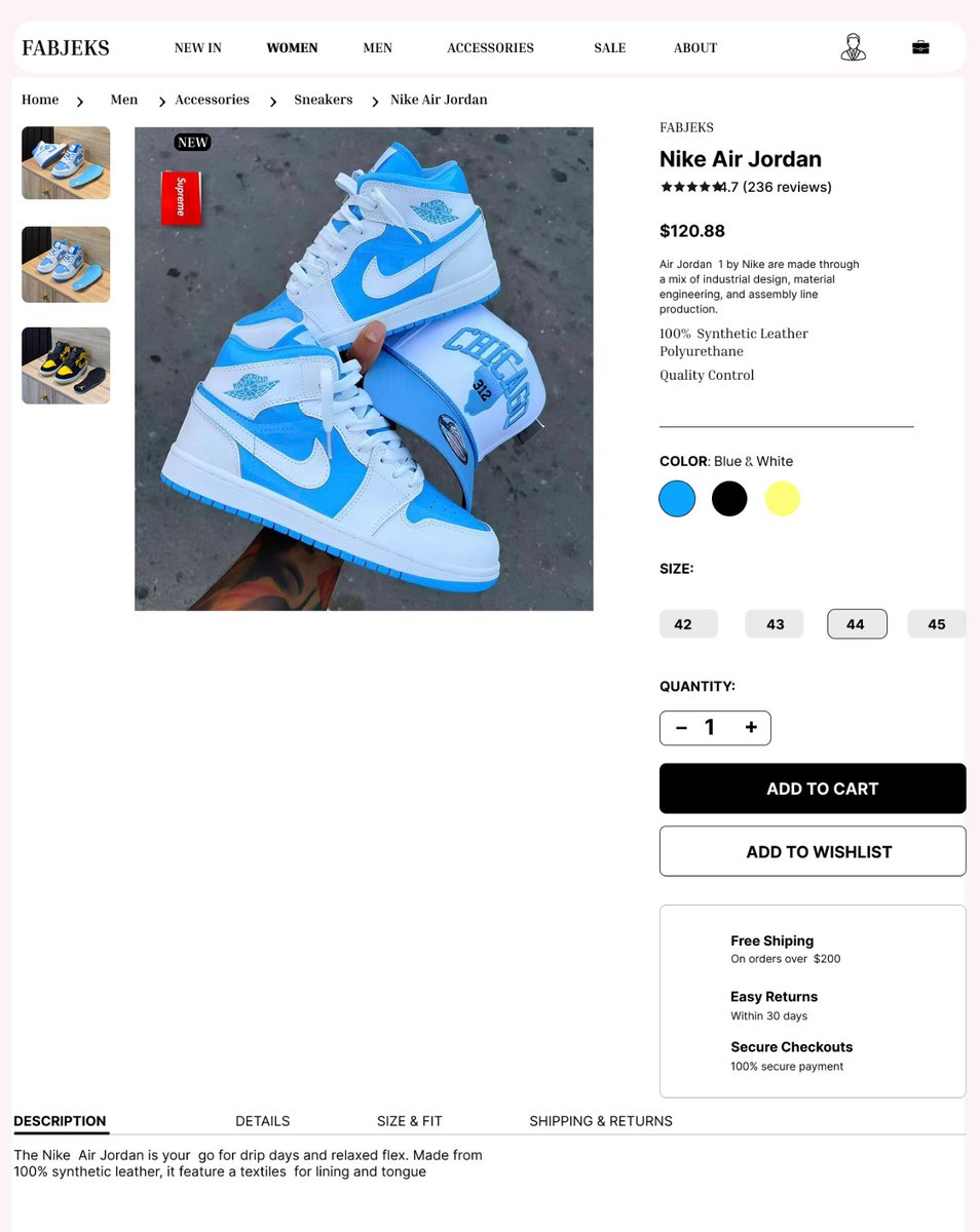 Ebubechukwu3289's tweet photo. Clean, bold, and conversion focused 💯
This product page design for Nike Air Jordan hits the mark with a strong visual hierarchy and user friendly layout. The high quality product imagery instantly grabs attention, while the clear pricing, ratings, and description build trust. https://t.co/tJf5HZZAO3
