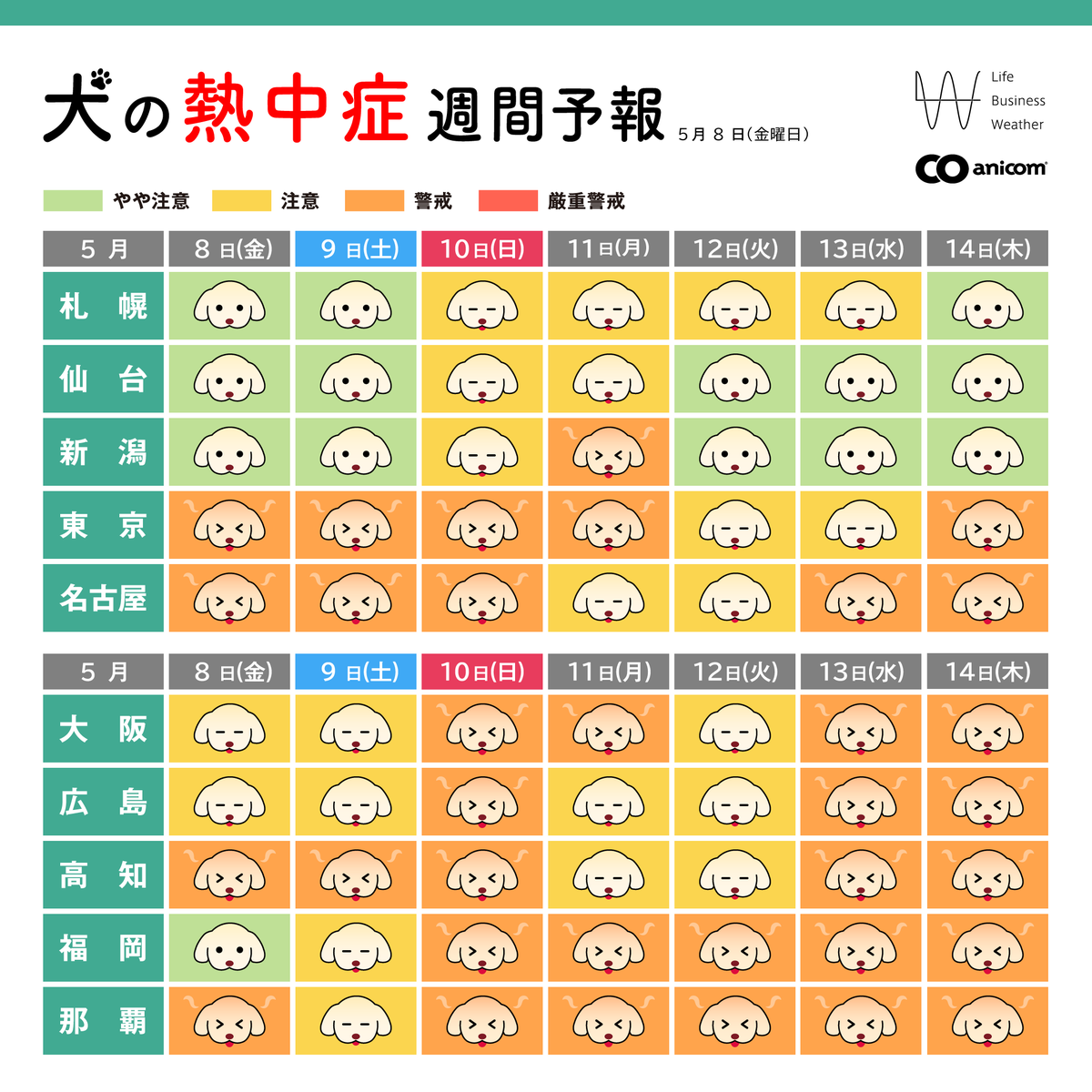 5/8(金)からの「犬の熱中症週間予報」を配信します🐱

💡ポイント💡
晴れると、真夏日に迫る暑さとなるエリアも！熱中症に要警戒です⚠️

まだ体が暑さに慣れていない時期なので、こまめな水分補給など、暑さ対策を十分に行いましょう。