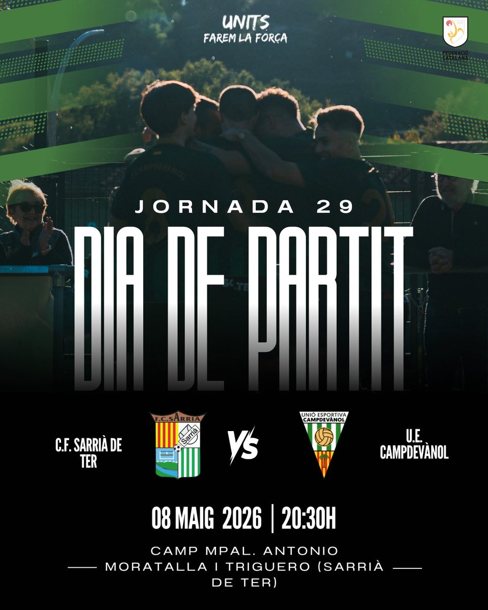 1uecampdevanol's tweet photo. PRÒXIM PARTIT 🔜

🆚 @fcsarria1978 
📅 08 de maig 
⏰ 20:30h
🏟️ Camp mpal. Antonio Moratalla i Triguero (Sarrià de Ter)
🏆 Jornada 29

💚🤍 Units farem la força! 💚🤍

#ForçaKande #orgullverdiblanc https://t.co/n7MWRfdXMZ
