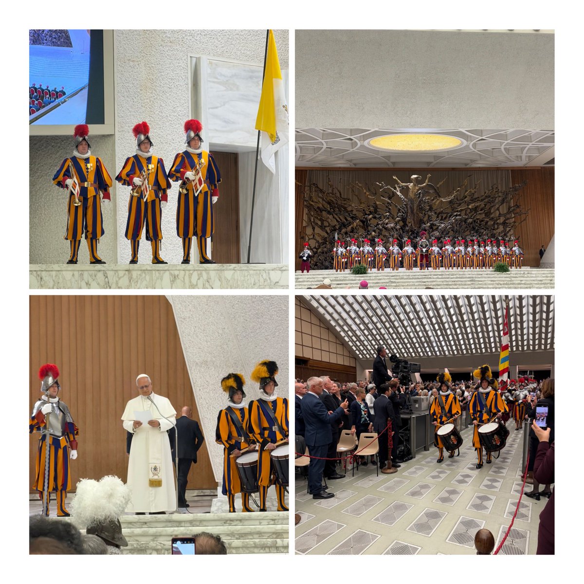 ambasenvatican's tweet photo. La salle Paul VI, a vu la prestation de serment de 28 nouveaux gardes suisses devant le Pape Leon XIV. Le 6 mai n’est pas un hasard, il s’agit de la date du sac de Rome par les lansquenets de Charles Quint, en 1527 qui a vu 147 soldats suisses mourir  pour le pape Clement VII. https://t.co/XXzsDBa8Ht