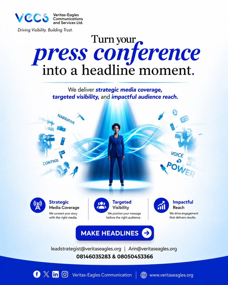 Vecs_pr's tweet photo. Turn your press conference into headlines. 

Ready to make impact?

Reach us at: 

📩 leadstrategist@veritaseagles.org
📩 arin@veritaseagles.org
📞 +234 805 045 3366
📞 +234 814 603 5283
🌐 https://t.co/yuYwM0aATj

Driving Visibility. Building Trust. https://t.co/2Q8x2PSrbg