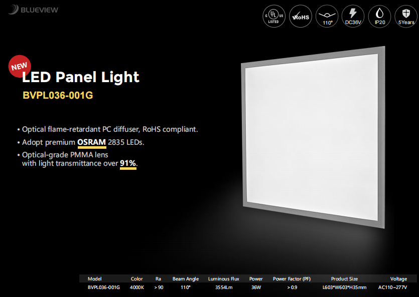 LED Panel Light
· UL certified
· Optical flame-retardant PC diffuser, RoHS compliant.
· Adopt premium OSRAM 2835 LEDs.
· Optical-grade PMMA lens with light transmittance over 91%.

#LEDlighting #indoorlighting #lightingdesign #officelighting #LED #panellight