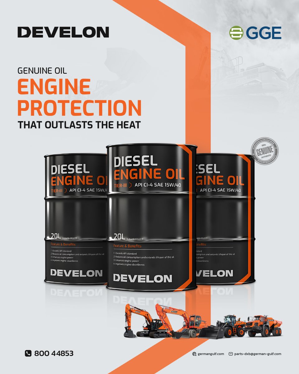 Heat doesn't have to shorten your engine's life. DEVELON Genuine Oil maintains viscosity, prevents sludge, and extends engine life.

Keep your fleet earning. Choose German Gulf Enterprises
📞 800-GGULF
#DEVELON #GermanGulf #GenuineOil #EngineProtection