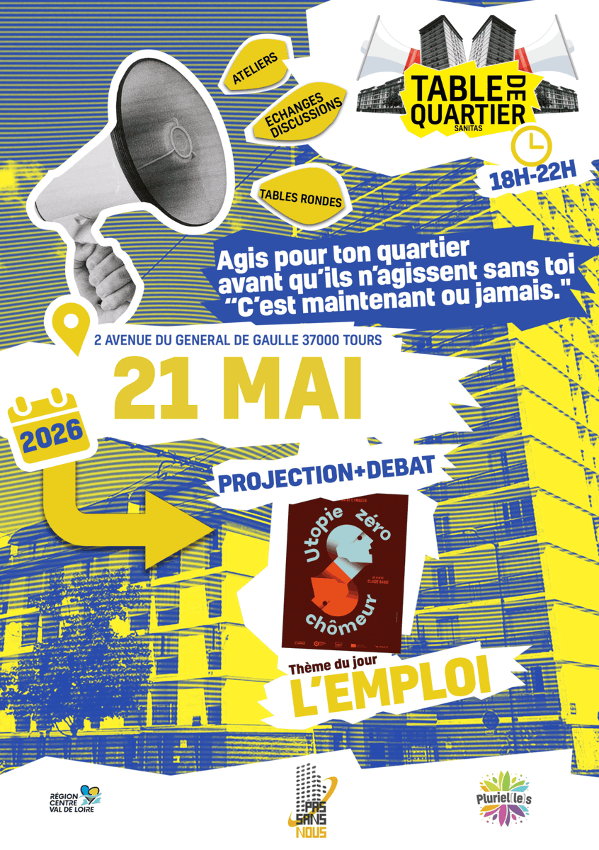AccueilCs's tweet photo. 📢 TABLE DE QUARTIER – SANITAS 📢
🗣 Venez débattre du quartier :
✔️ ce qui va
❌ ce qui ne va pas
💡 ce que nous pouvons changer ensemble
📅 Jeudi 21 mai 2026
🕕 18h – 22h
📍 2 avenue du Général de Gaulle, 37000 Tours
🎬 Projection-débat autour du film Utopie Zéro Chômeur
#Tours https://t.co/Js8uqlOPZB