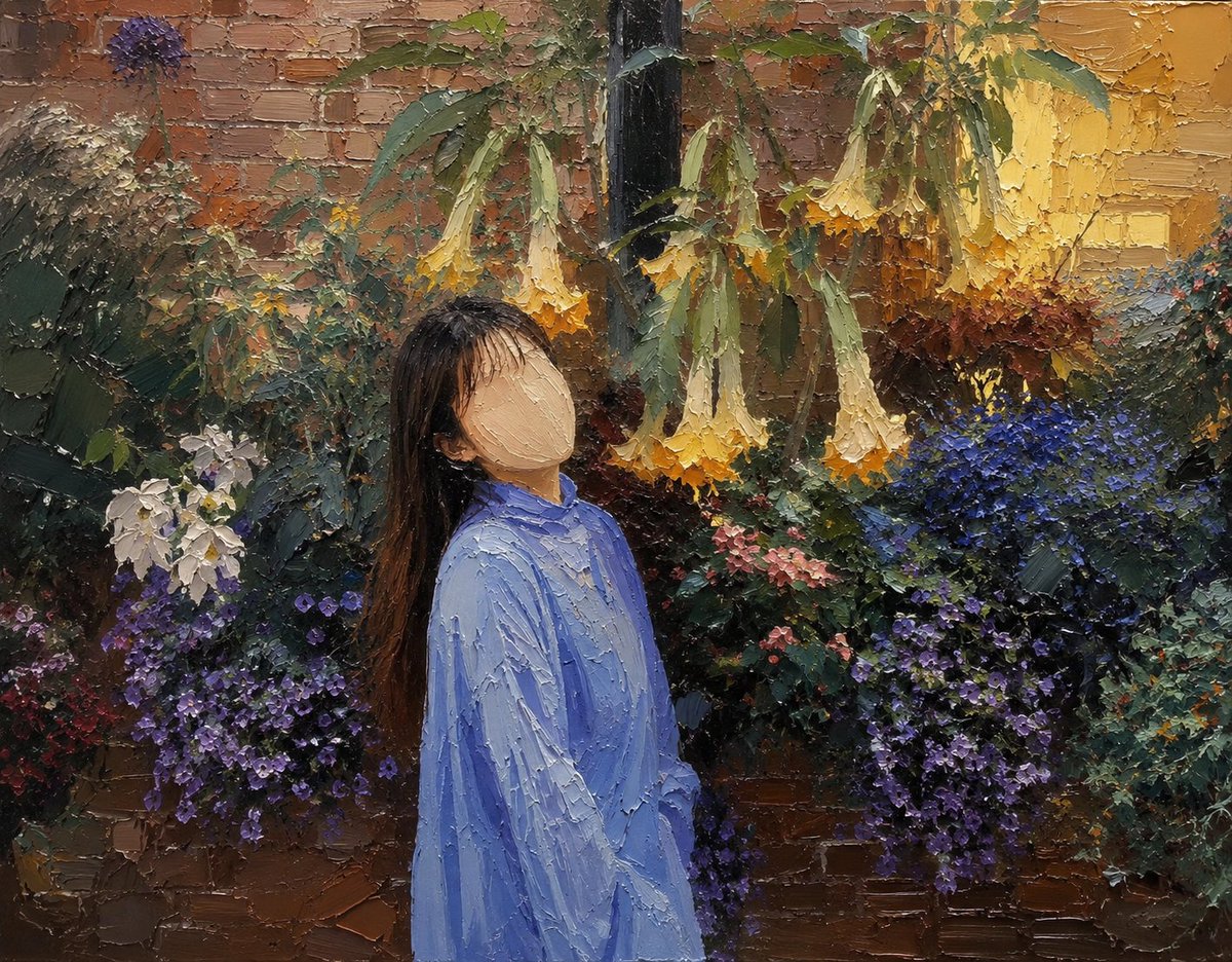 油彩画 人物像 青色背景浮遊 GPT IMAGE 2｜油画感装饰画prompt： 主体+ 情绪场景+ 厚涂油画+