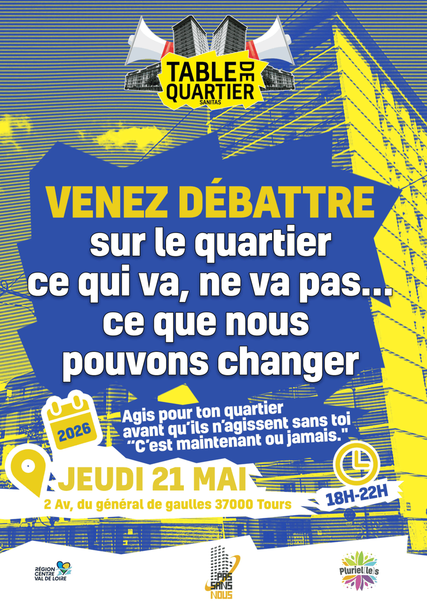 AccueilCs's tweet photo. 📢 TABLE DE QUARTIER – SANITAS 📢
🗣 Venez débattre du quartier :
✔️ ce qui va
❌ ce qui ne va pas
💡 ce que nous pouvons changer ensemble
📅 Jeudi 21 mai 2026
🕕 18h – 22h
📍 2 avenue du Général de Gaulle, 37000 Tours
🎬 Projection-débat autour du film Utopie Zéro Chômeur
#Tours https://t.co/Js8uqlOPZB