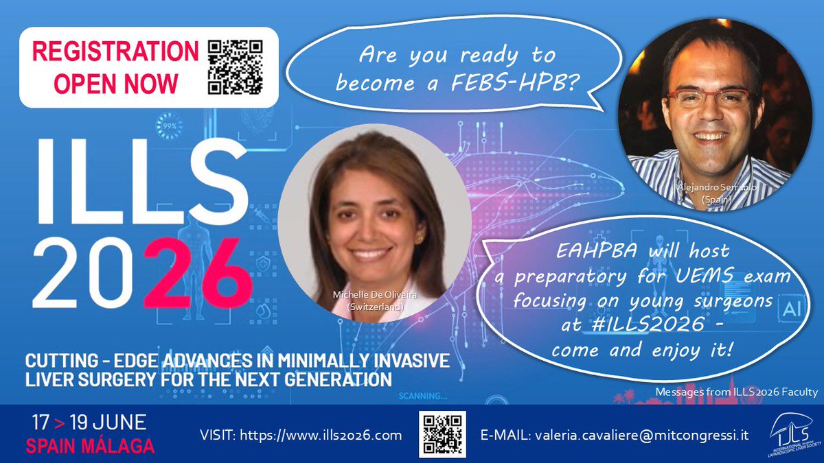 ILLS_LAPLIVER's tweet photo. 🚀 Are you ready to become a FEBS-HPB?

@EAHPBA will host a preparatory course for UEMS exam focusing on young surgeons at #ILLS2026

Come and enjoy it✍️!

📍 Málaga 🇪🇸
🗓️ June 17–19, 2026

Registration 👉 https://t.co/NRvajmuCQH

@IHPBA @CEIHPBA @AHPBA @APHPBA https://t.co/Dbfm42I7a3