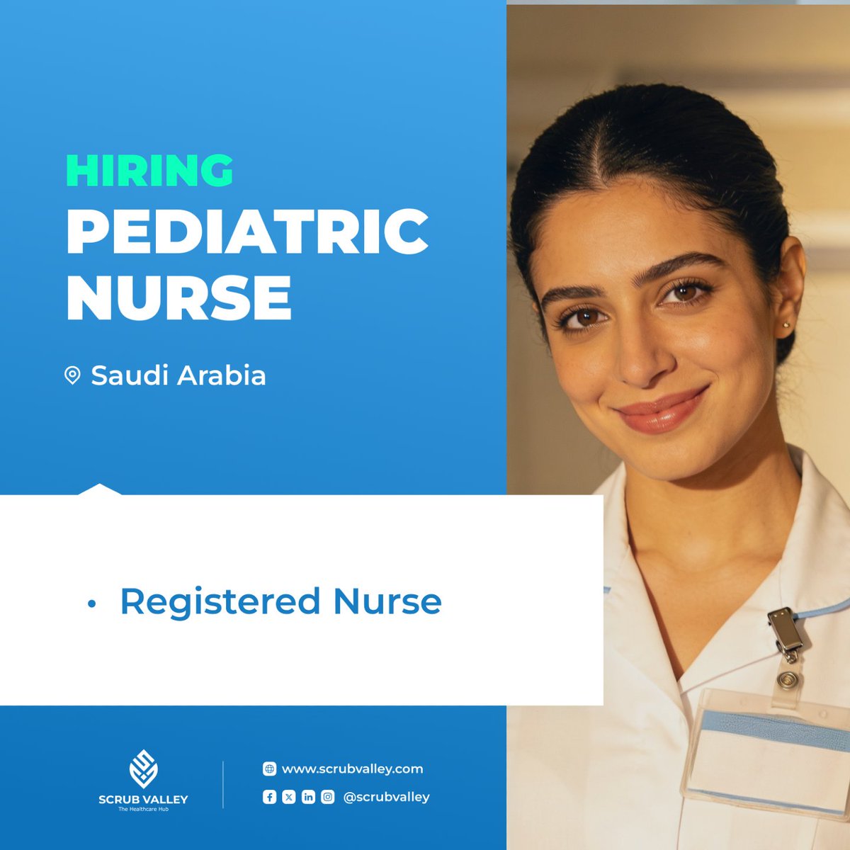 ScrubValley's tweet photo. Hiring: Pediatric Nurses — Saudi Arabia.
A reputable healthcare entity in Saudi Arabia is looking for a dedicated and compassionate Pediatric Nurse to provide high-quality care to children and support their families in a nurturing and safe environment.

Requirements:
- Bachelor’s degree in Nursing (BSN) from an accredited institution
- 2 to 4 years of nursing experience in a pediatric setting
- Certification in Pediatric Advanced Life Support (PALS) and Basic Life Support (BLS) is preferred
- Familiarity with electronic health records (EHR) and pediatric care protocols. 

📍 Location: Saudi Arabia

Apply now through Scrub Valley: https://t.co/8zSYpS6Nbv 

#PediatricNurse #Pediatrics #NursingJobs #SaudiArabia #HealthcareCareers #ScrubValley