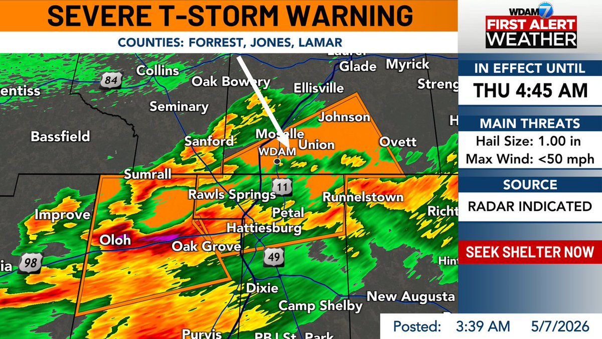 PatrickWDAM's tweet photo. 🚨Severe Thunderstorm Warning has been issued for Forrest, Lamar, Jones County until 5/07 4:45AM. For more info, open the WDAM 7 First Alert Weather App. https://t.co/w96MPKDBd8