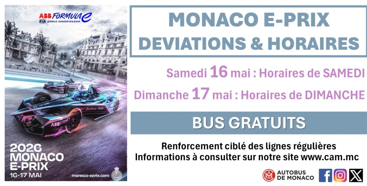 AutobusMonaco's tweet photo. 🚨 INFO 🚨

Dans le cadre du MONACO E-PRIX qui se tiendra le 16 et 17 mai 2026 en Principauté, plusieurs informations sont à prendre en compte pour vos déplacements.

Toutes les informations sont disponibles sur notre site internet : https://t.co/UGUUTMDT57 https://t.co/8cNNpWNQyk