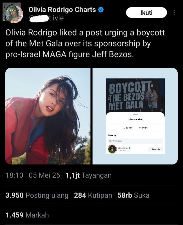 Olivia rodrigo ngelike postingan boikot MET GALA karna disponsorin sm zion1st MAGA.
Ternyata masih ada artis yg perhatian sm palestine ya, sender kira udahan gitu maap kurang update soalnya kirain udah selesai gnosidanya 😭🙏🏻 💚