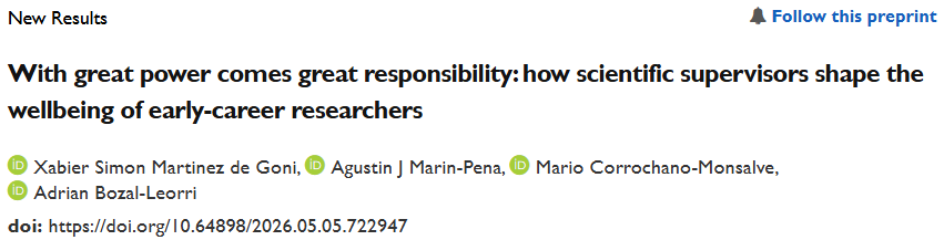 amoAdrian_BL's tweet photo. Most early-career researchers enter academia because of passion for science. Many leave because of supervision. Our study (2,604 responses, 65 countries) suggests that supervisory practices strongly shape mental health and retention in academia.

Preprint:
https://t.co/Fs1FGdKK9H https://t.co/dJpREWUHXX