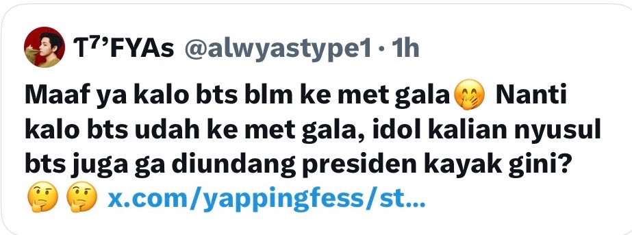 pawangdalgom's tweet photo. Makanya coba kasih tau sefandommu untuk jangan Underestimate pencapaian idol lain.

"Nanti kalo bts udah ke met gala, idol kalian nyusul bts juga ga diundang presiden kayak gini?"

Ya menurutku idolku pun ga diem aja dong kak. Giliran di clapback malah gini kan aneh.✌🏻 https://t.co/23zWjwK4QW