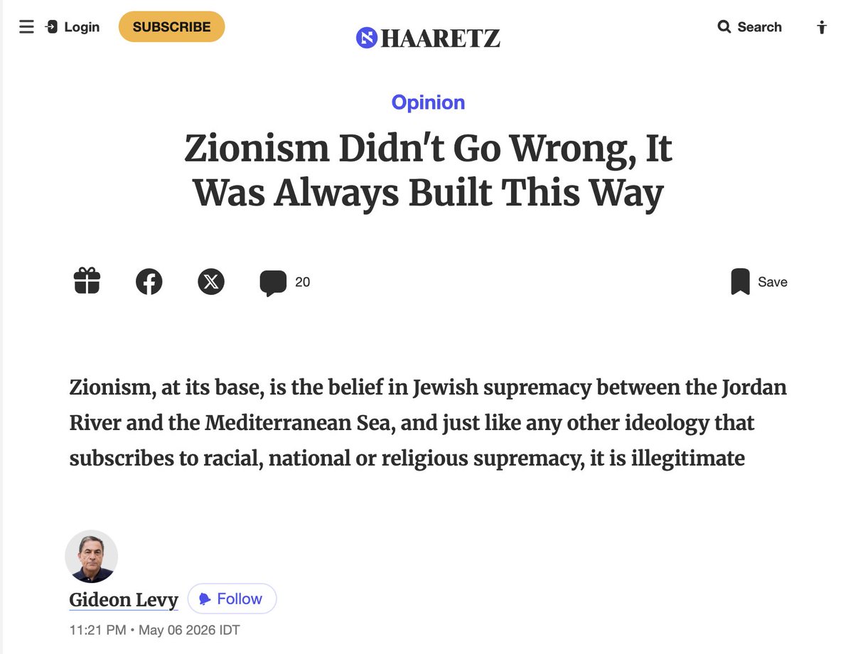 Palestinians have been saying this for a century

But it is significant that these truths are now published in the Israeli press

At some point in the future, this will be the consensus view

Zionism is indefensible and must be dismantled