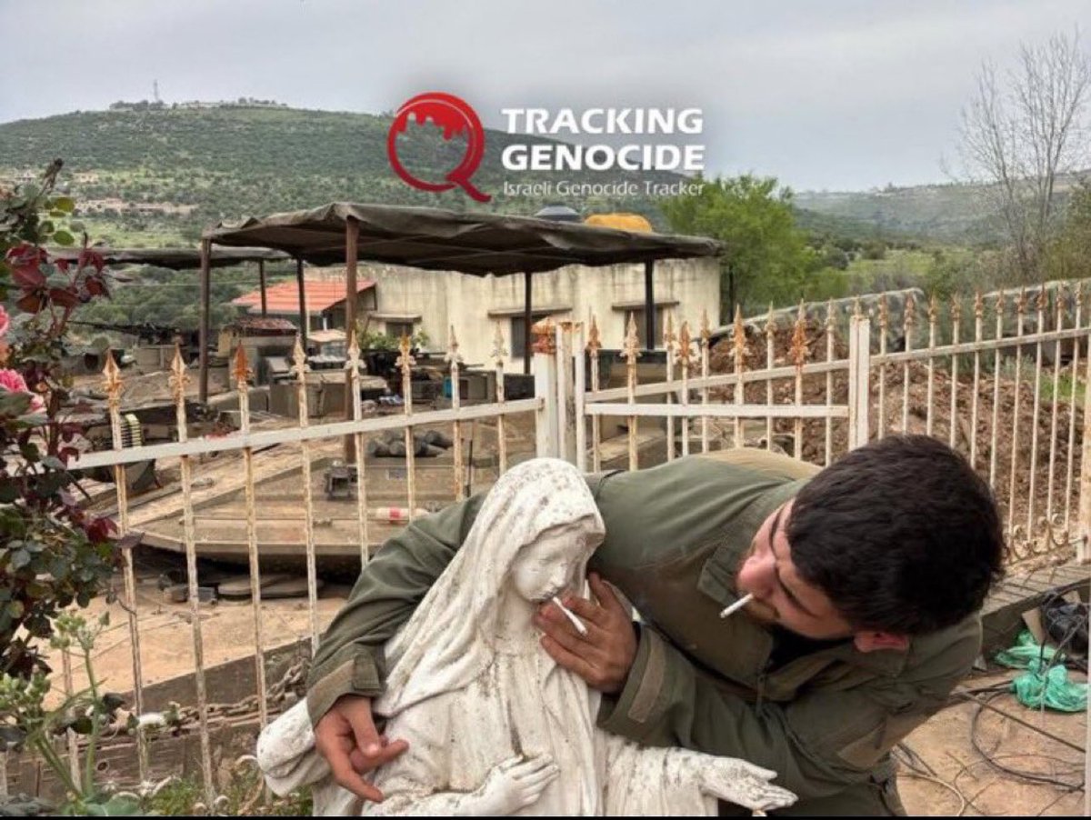 Globaltruthnet's tweet photo. @EliAfriatISR IDF soldier puts cigarette in Mother Mary’s mouth in Lebanon. https://t.co/txGOqG5Udl