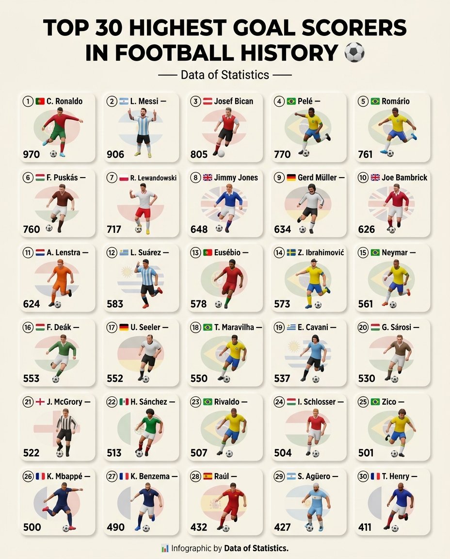 DataOfStats's tweet photo. Top 30 Highest Goal Scorers in Football History ⚽ 

1. 🇵🇹 Cristiano Ronaldo — 970 Goals
2. 🇦🇷 Lionel Messi — 906 Goals
3. 🇦🇹🇨🇿 Josef Bican — 805 Goals
4. 🇧🇷 Pelé — 770 Goals
5. 🇧🇷 Romário — 761 Goals
6. 🇭🇺 Ferenc Puskás — 760 Goals
7. 🇵🇱 Robert Lewandowski — 717 Goals
8. 🇬🇧 Jimmy Jones — 648 Goals
9. 🇩🇪 Gerd Müller — 634 Goals
10 🇬🇧 Joe Bambrick — 626 Goals
11. 🇳🇱 Abe Lenstra — 624 Goals
12. 🇺🇾 Luis Suárez — 583 Goals
13. 🇵🇹 Eusébio — 578 Goals
14. 🇸🇪 Zlatan Ibrahimović — 573 Goals
15. 🇧🇷 Neymar — 561 Goals
16. 🇭🇺 Ferenc Deák — 553 Goals
17. 🇩🇪 Uwe Seeler — 552 Goals
18. 🇧🇷 Túlio Maravilha — 550 Goals
19. 🇺🇾 Edinson Cavani — 537 Goals
20. 🇭🇺 György Sárosi — 530 Goals
21. 🏴󠁧󠁢󠁥󠁮󠁧󠁿 Jimmy McGrory — 522 Goals
22. 🇲🇽 Hugo Sánchez — 513 Goals
23. 🇧🇷 Rivaldo — 507 Goals
24. 🇭🇺 Imre Schlosser — 504 Goals
25. 🇧🇷 Zico — 501 Goals
26. 🇫🇷 Kylian Mbappé — 500 Goals
27. 🇫🇷 Karim Benzema — 490 Goals
28. 🇪🇸 Raúl — 432 Goals
29. 🇦🇷 Sergio Agüero — 427 Goals
30. 🇫🇷 Thierry Henry — 411 Goals

📊 Infographic by Data of Statistics.